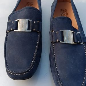 Ferragamo Gancini Bit BlueSuede Leather Dress Loafers Men's Moccasin Drivers